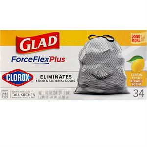 Glad Small Drawstring Trash Bags with Clorox, 4 Gallon, Lemon Fresh Bleach  Scent, 34 Count